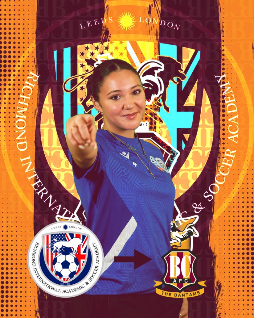 A person points energetically, wearing a sports jersey. Background features Richmond International Academic & Soccer Academy logos and vibrant patterns. London and Leeds mentioned.