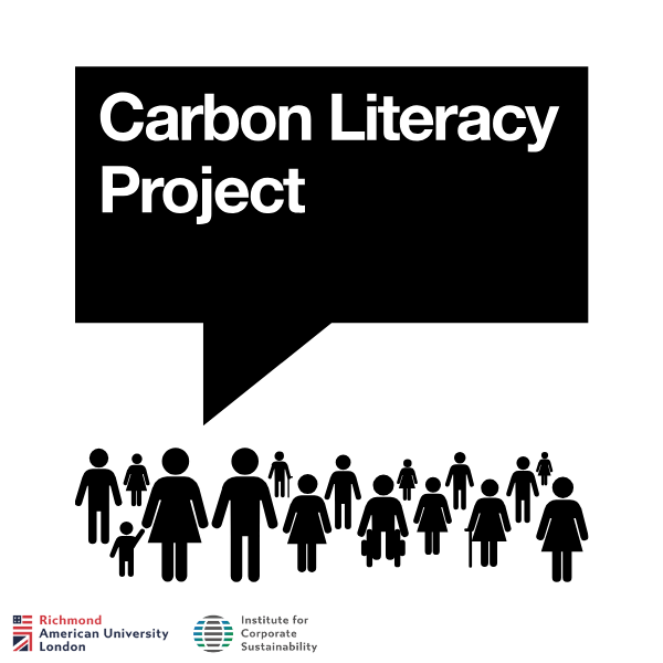 A diverse group illustration with "Carbon Literacy Project" text. Includes Richmond American University London and Institute for Corporate Sustainability logos at the bottom.