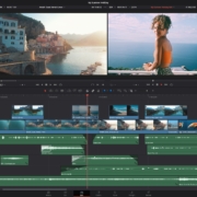 A video editing software interface displays a timeline, various video clips, and a preview of the Amalfi Coast with a person overlooking the sea.