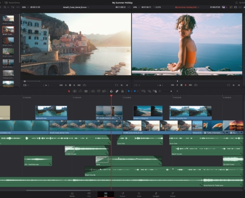 A video editing software interface displays a timeline, various video clips, and a preview of the Amalfi Coast with a person overlooking the sea.