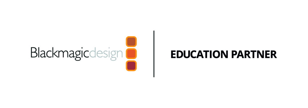 Logo of Blackmagic Design with a badge indicating status as an education partner, featuring three squares in orange and red hues.