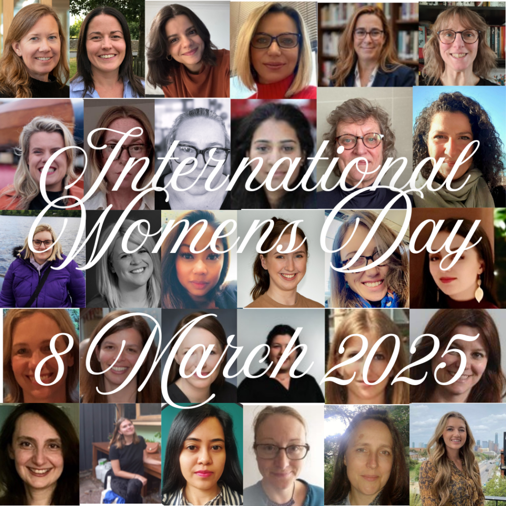 Collage of smiling individuals behind decorative text celebrating International Women's Day, dated 8 March 2025, featuring diverse expressions and backgrounds.