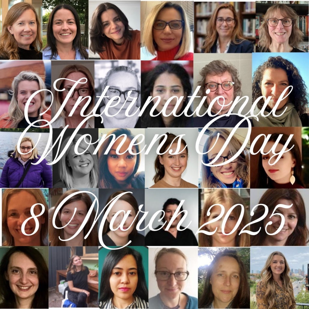 Collage of various people celebrating International Women's Day, 8 March 2025, with text overlay. Background includes diverse facial expressions.