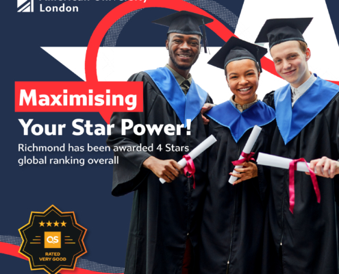 Three people in graduation gowns holding diplomas, celebrating Richmond American University London's 4-star global ranking. Academic achievement is highlighted with promotional text.