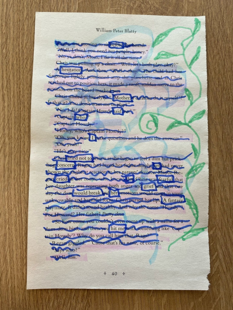 A page with blue-out text, highlighting words like "hesitation," "concern," and "grief" alongside green painted vines. Page marked "40."