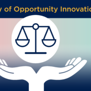 Justice scales and hands illustration, promoting the Equality of Opportunity Innovation Fund by the Office for Students (OfS). Blue and pastel colors.