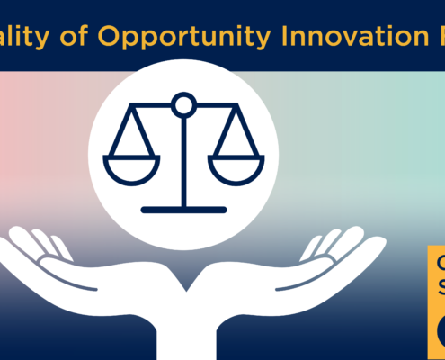 Justice scales and hands illustration, promoting the Equality of Opportunity Innovation Fund by the Office for Students (OfS). Blue and pastel colors.