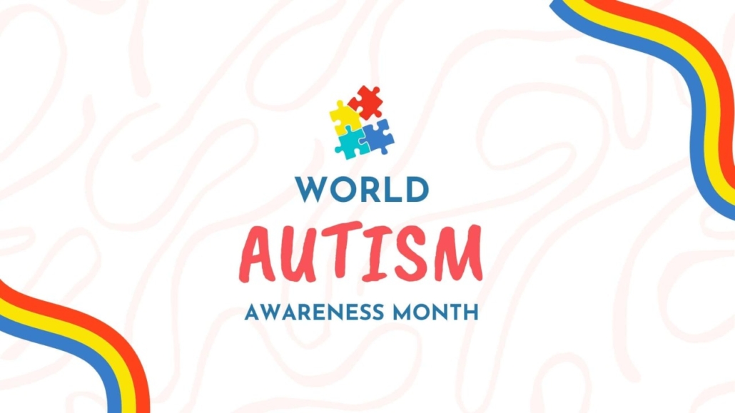 Colorful puzzle pieces above "World Autism Awareness Month" text with rainbow stripes, symbolizing support and awareness for autism.