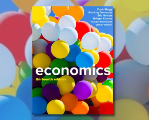 Colorful balloons backdrop with the cover of "Economics, Thirteenth Edition." Names of authors are listed on the top right.