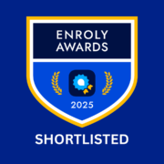 Award badge design for Enroly Awards 2025, featuring a shield with a blue background, laurels, and the word "SHORTLISTED" at the bottom.