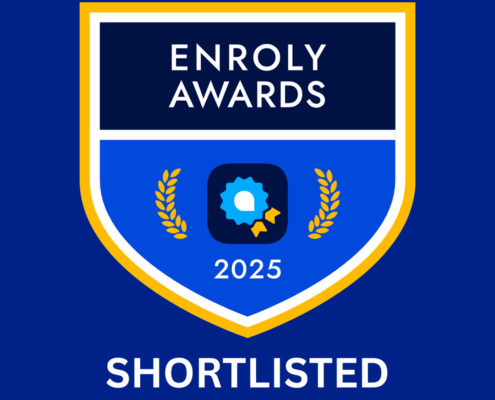 Award badge design for Enroly Awards 2025, featuring a shield with a blue background, laurels, and the word "SHORTLISTED" at the bottom.