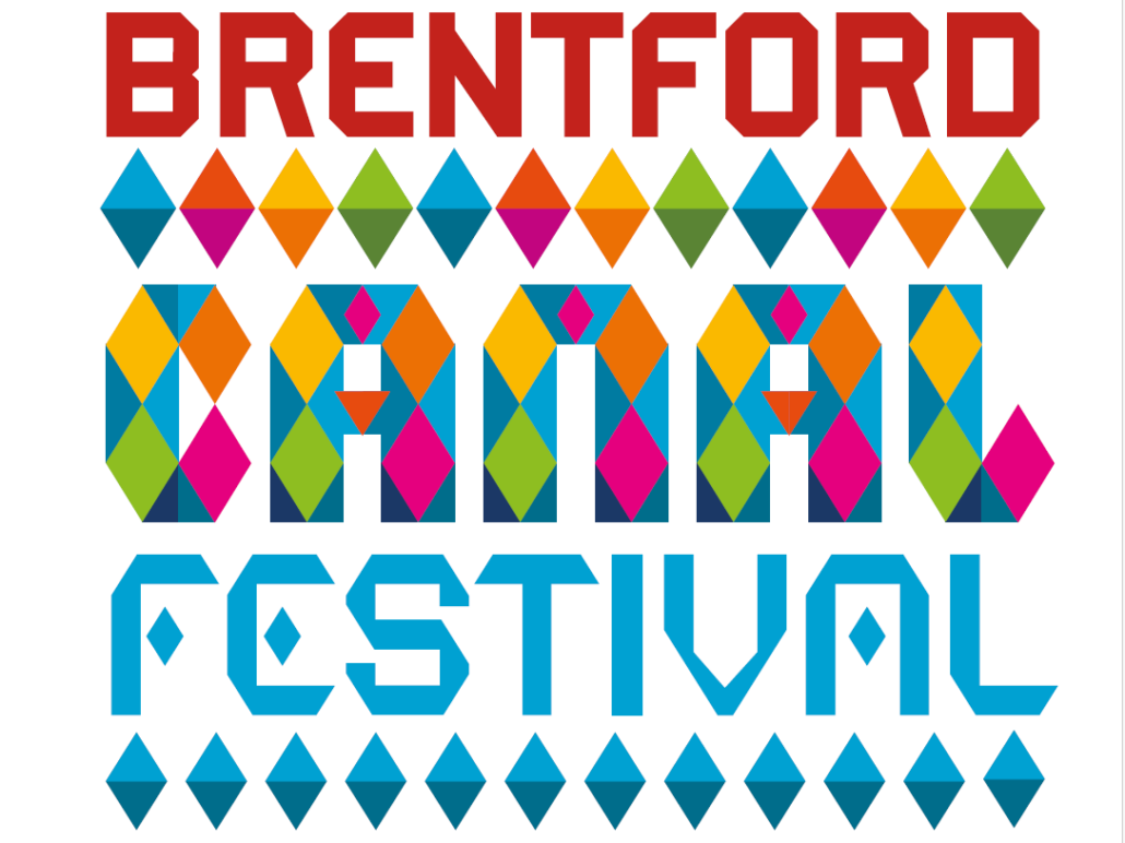 Colorful geometric design promoting Brentford Canal Festival, featuring vibrant patterns and bold text.