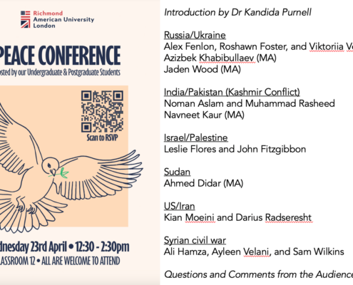 A flyer for a Peace Conference at Richmond American University London with a dove illustration, date, and list of speakers on international conflicts.