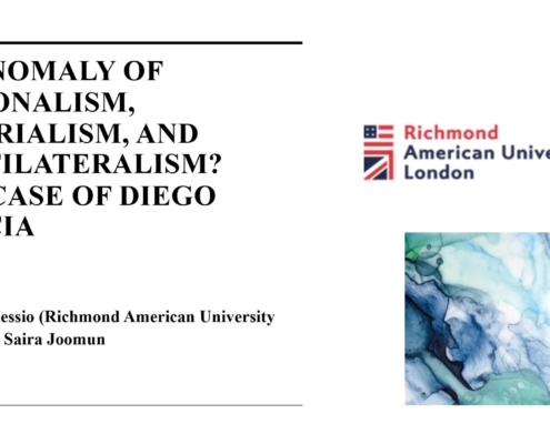 Presentation cover on nationalism and imperialism featuring Diego Garcia by Dominic Alessio and Saira Joomun, Richmond American University, London.