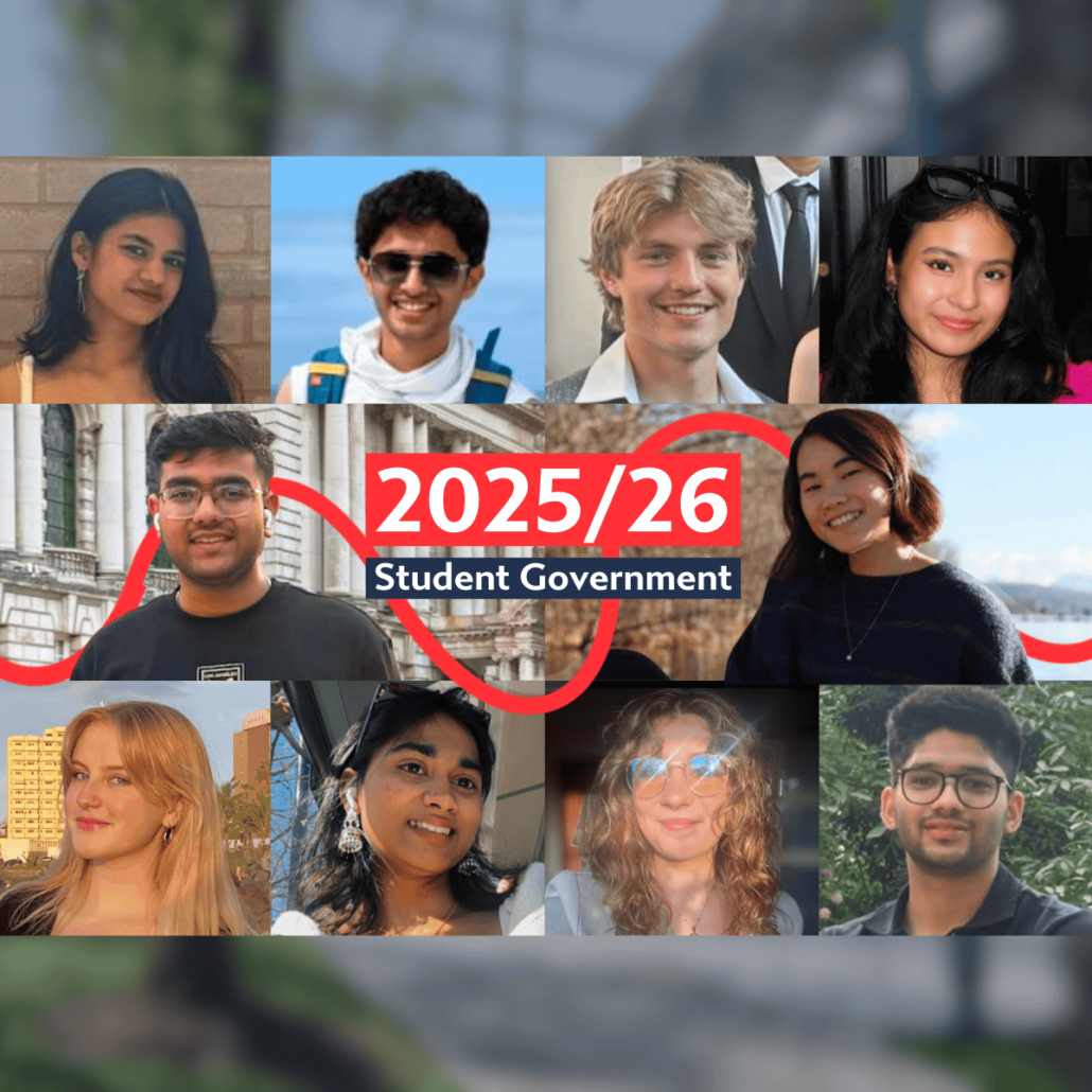 Collage of ten individuals smiling, featuring the text "2025/26 Student Government" with a background of diverse settings, indicating student leadership roles.