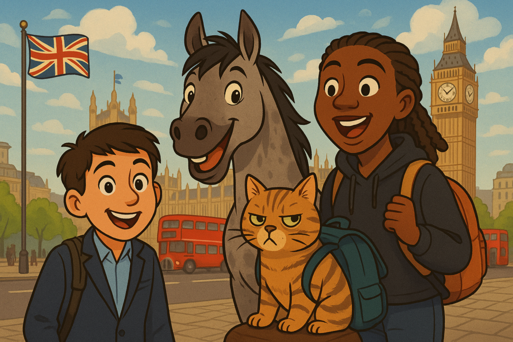 Two people, a cat, and a horse pose with Big Ben and London Eye in the background, under a clear sky.