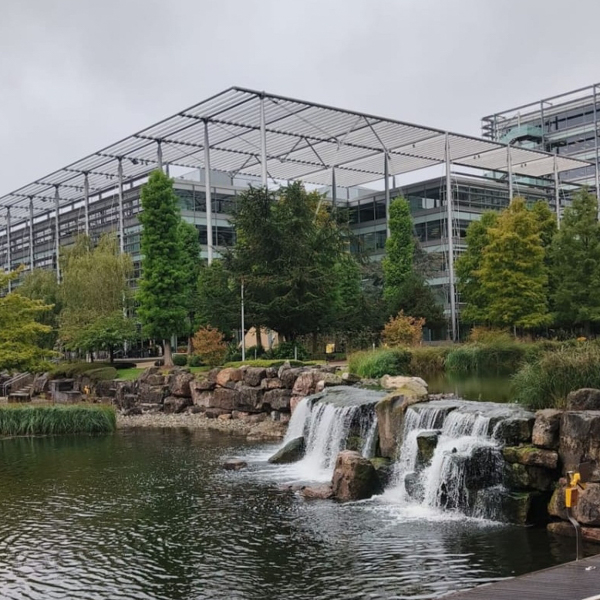 Modern building with glass facade and open framework, surrounded by lush trees and a serene waterfall cascading into a tranquil pond.