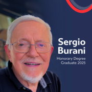 A person with glasses smiling, text reads "Sergio Burani, Honorary Degree Graduate 2025" on a blue background with a red-accented logo.