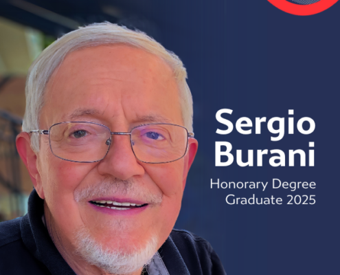 A person with glasses smiling, text reads "Sergio Burani, Honorary Degree Graduate 2025" on a blue background with a red-accented logo.