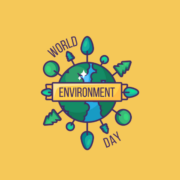 Earth illustration with trees and text "World Environment Day" on yellow background, emphasizing environmental awareness and global conservation efforts.