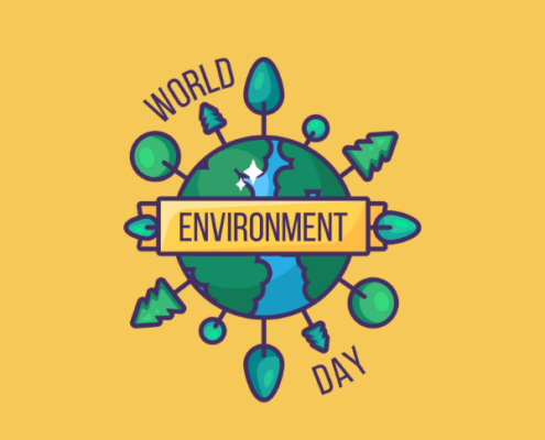 Earth illustration with trees and text "World Environment Day" on yellow background, emphasizing environmental awareness and global conservation efforts.