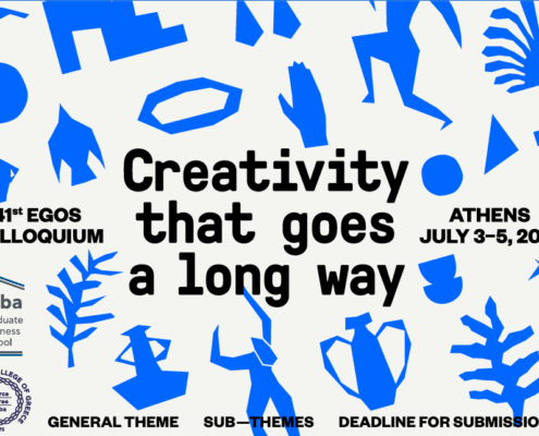 Abstract graphic promoting the 41st EGOS Colloquium in Athens, July 3-5, 2025. Themes include creativity. Hosted by Alba Graduate Business School.