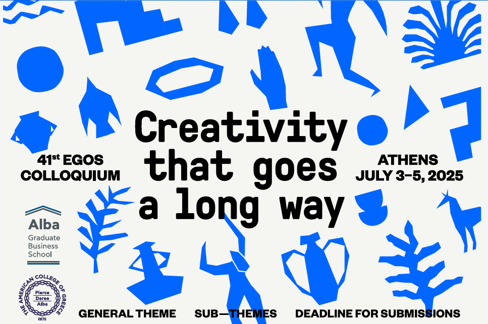 Abstract graphic promoting the 41st EGOS Colloquium in Athens, July 3-5, 2025. Themes include creativity. Hosted by Alba Graduate Business School.