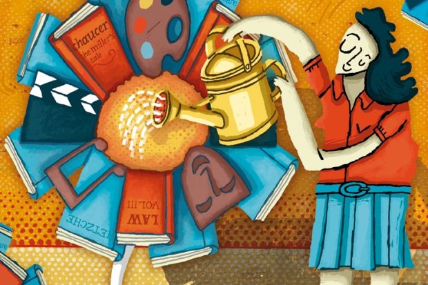 A person waters a flower made of books and artistic elements on a colorful background, symbolizing nurturing creativity and knowledge.