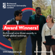 Three people smiling outdoors under Richmond American University London logo, highlighting award success in WURI global rankings. Text and design elements included.