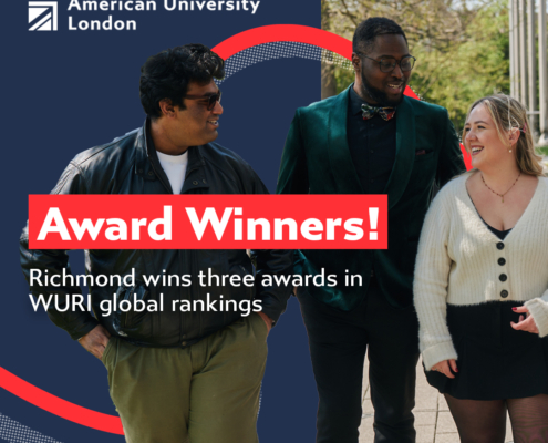 Three people smiling outdoors under Richmond American University London logo, highlighting award success in WURI global rankings. Text and design elements included.