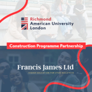 A group of people sits on steps. Richmond American University London partners with Francis James Ltd for a construction program in higher education.