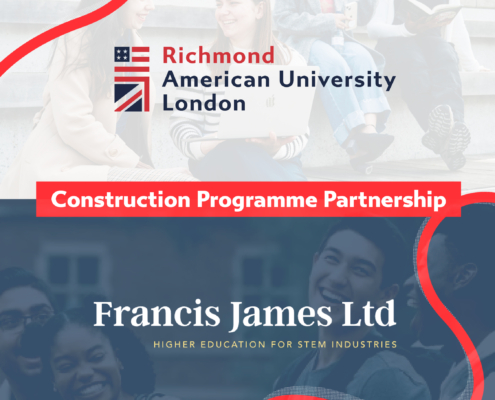A group of people sits on steps. Richmond American University London partners with Francis James Ltd for a construction program in higher education.