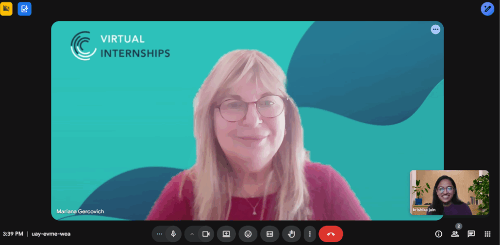 Two people in a virtual meeting, featuring "Virtual Internships" logo. Bright background with abstract shapes. Video call interface visible.