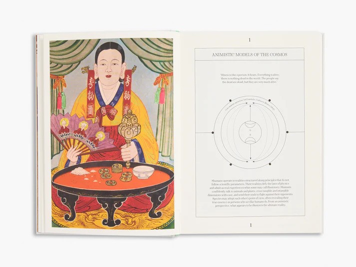 Illustrated open book depicting a traditional person with symbolic objects, and a page titled "Animistic Models of the Cosmos" with a diagram.