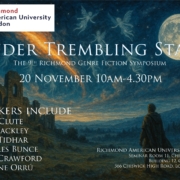 Promotional image for Richmond Genre Fiction Symposium on 20 November, featuring a starry night and ghostly figures near ancient ruins.
