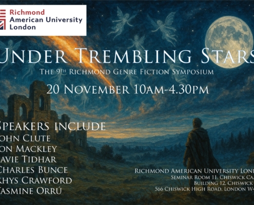 Promotional image for Richmond Genre Fiction Symposium on 20 November, featuring a starry night and ghostly figures near ancient ruins.