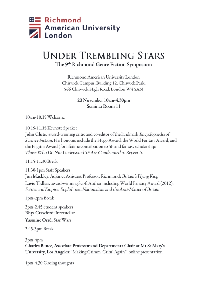 Flyer for the 9th Richmond Genre Fiction Symposium at Richmond American University London, featuring keynote speaker and various presentations.