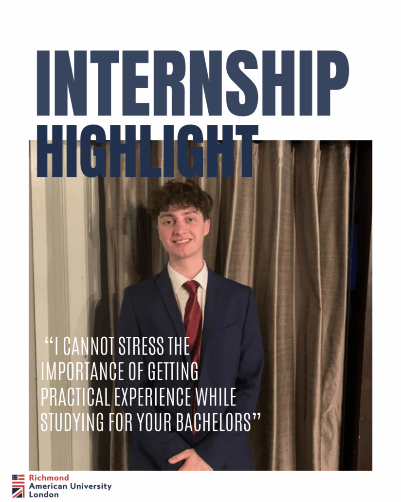 A person in a suit stands smiling beside a curtain. Text emphasizes the importance of practical experience during bachelor's studies at Richmond American University London.