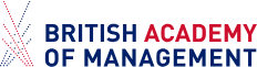 The image displays the logo of the British Academy of Management, featuring navy blue and red text with abstract line design elements on the left.