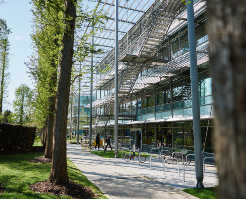A modern building with glass windows stands beside a tree-lined path. People walk near bike racks on a sunny day.